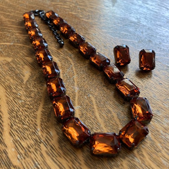 Dark Orange / Amber & Gunmetal Necklace & Earrings Set by Joan Rivers - Picture 3 of 13